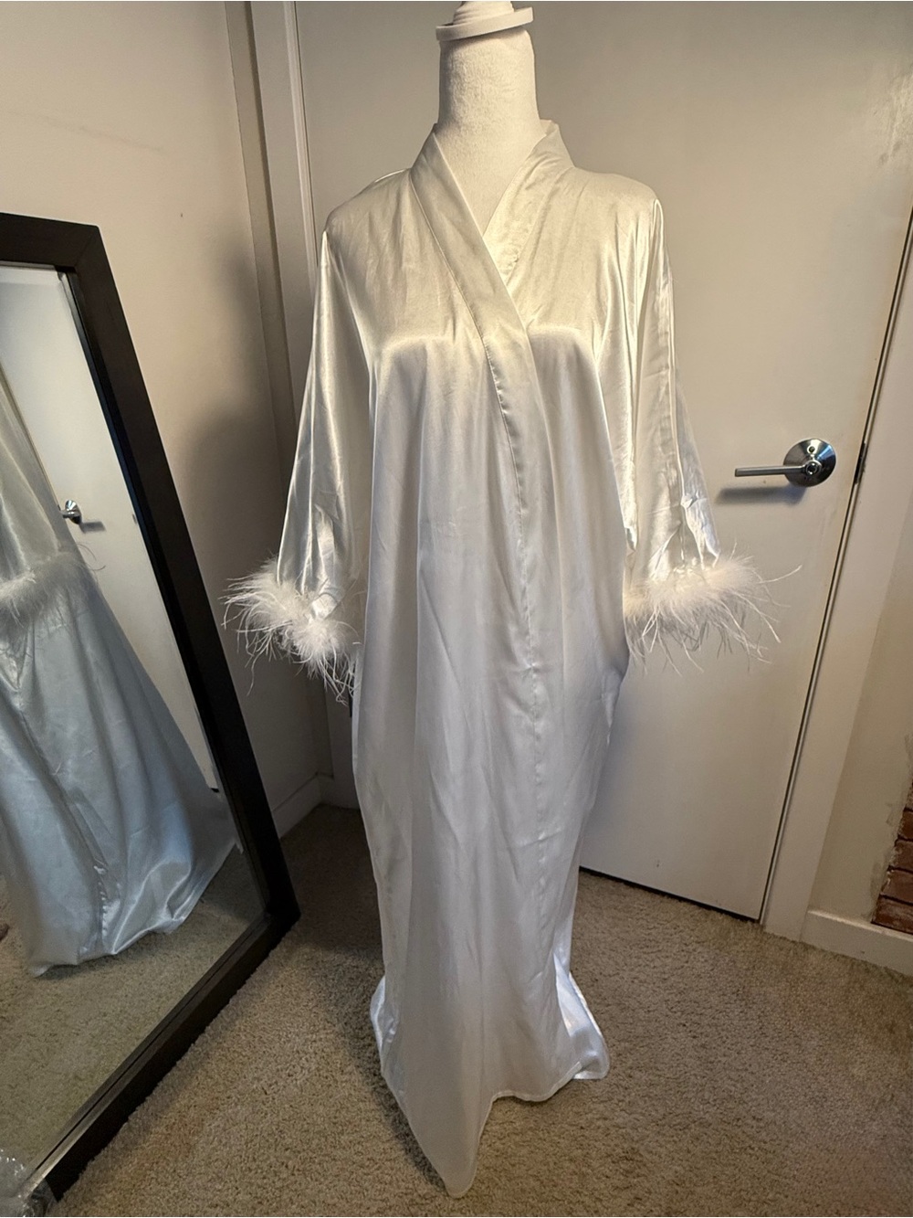 Silky White Satin Feather-Trim Long Robe